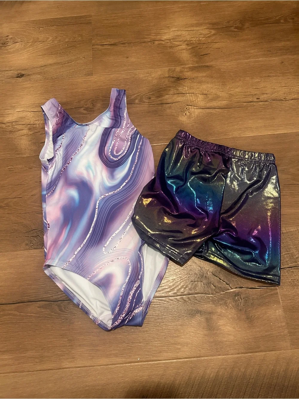 Kids Purple Marble gymnastics Leo with shorts